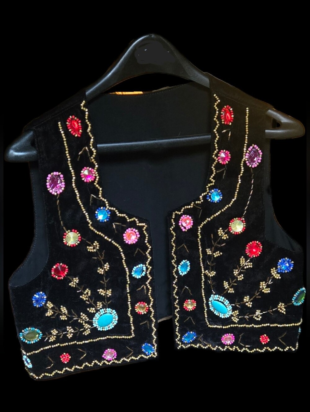 Embellished Velvet Sleeveless Vest with Multi-Color Gem Accents